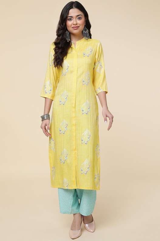 Women Straight Viscose Zari Lining Printed Kurta with plazzo